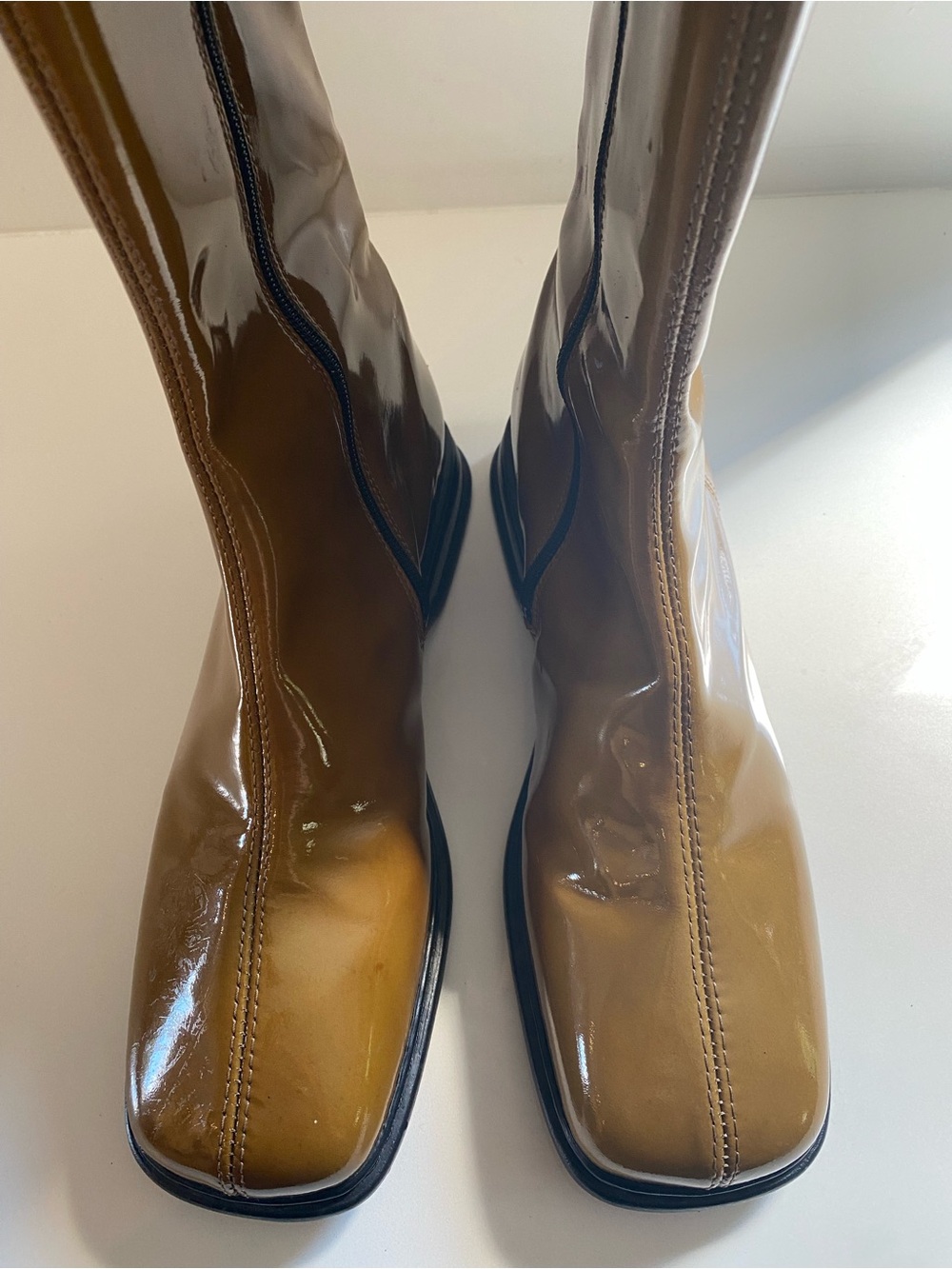 Women’s Rieker mid calf, camel coloured patent leather boot, size EU 41, US 10.5